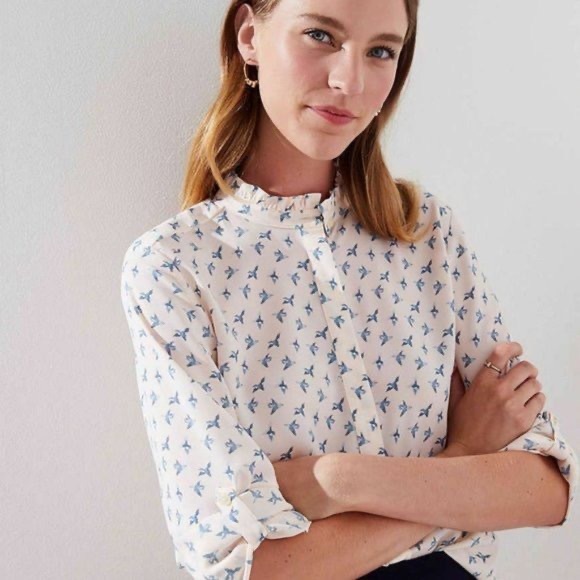 LOFT Bird Print Button Front Ruffle Neck Blouse Light Pink Blue - Picture 1 of 12